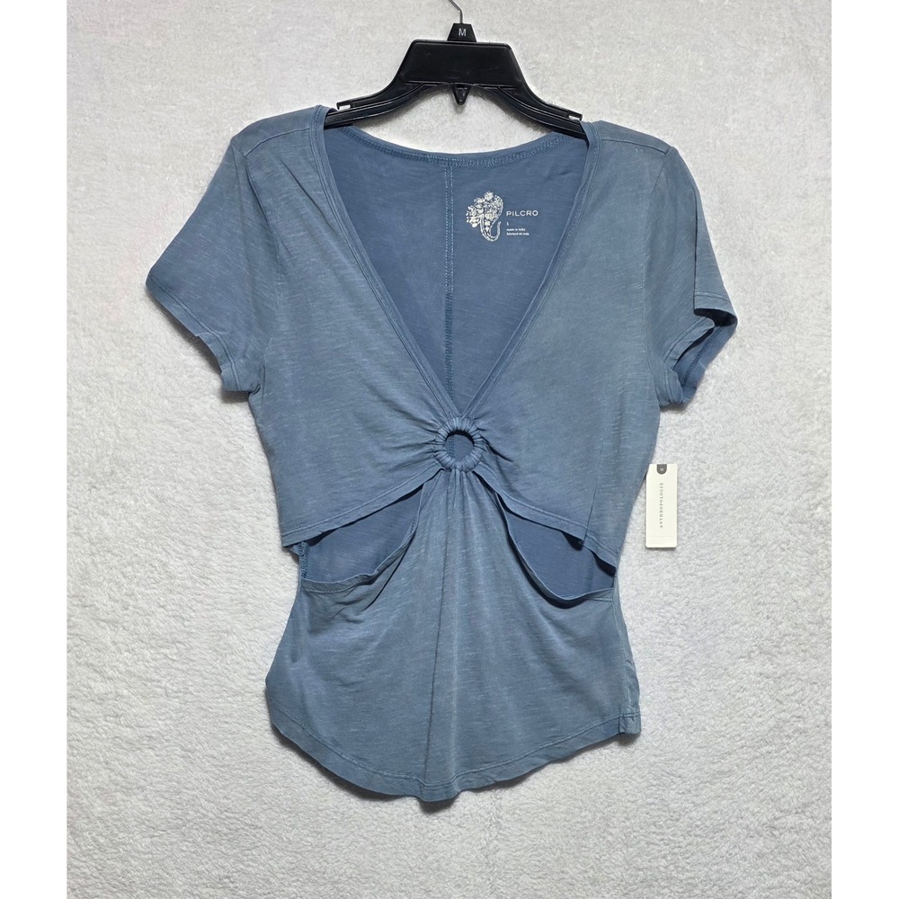 Pilcro Anthropologie Blue Slub Cotton Ring Cut Out V-Neck Tee Shirt Small NEW
